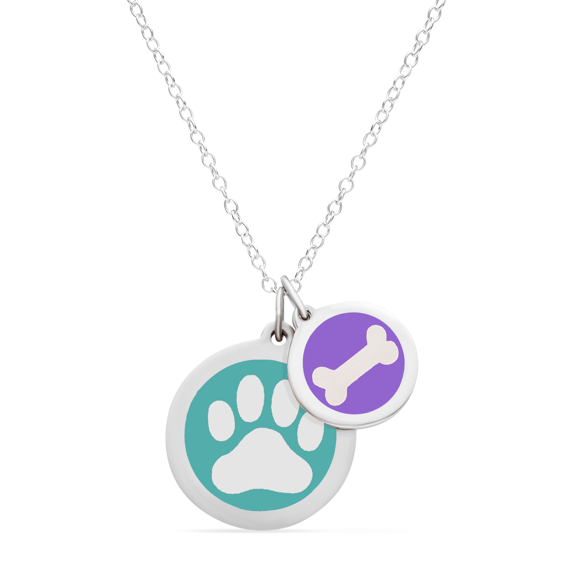 PAW PRINT & DOG BONE NECKLACE in sterling silver with rhodium plate