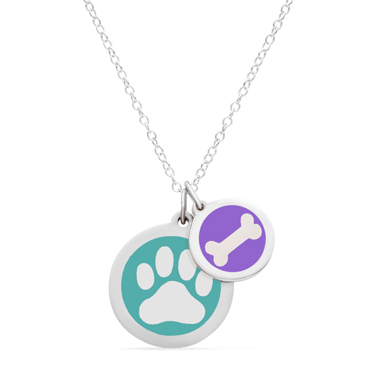 PAW PRINT & DOG BONE NECKLACE in sterling silver with rhodium plate