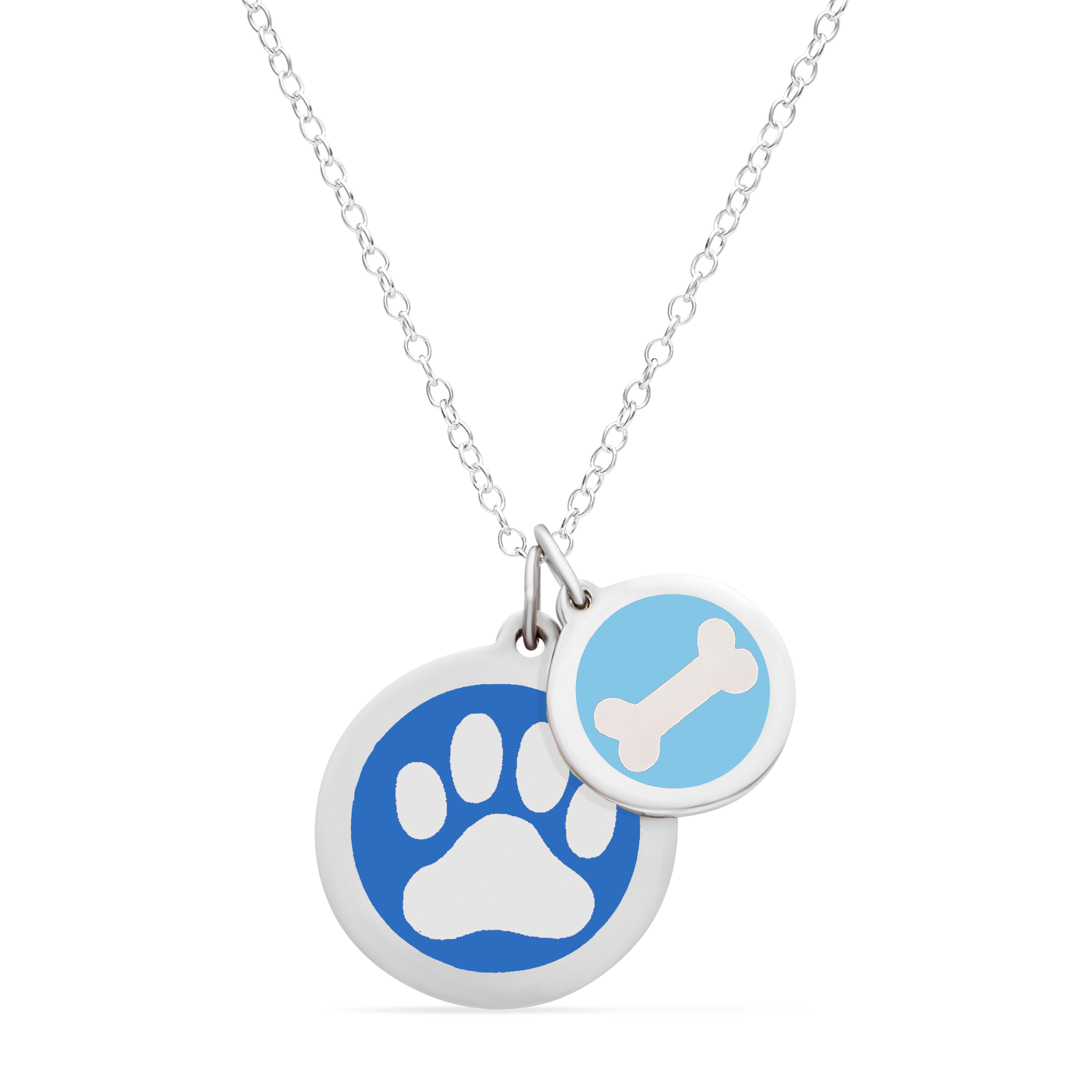 PAW PRINT & DOG BONE NECKLACE in sterling silver with rhodium plate